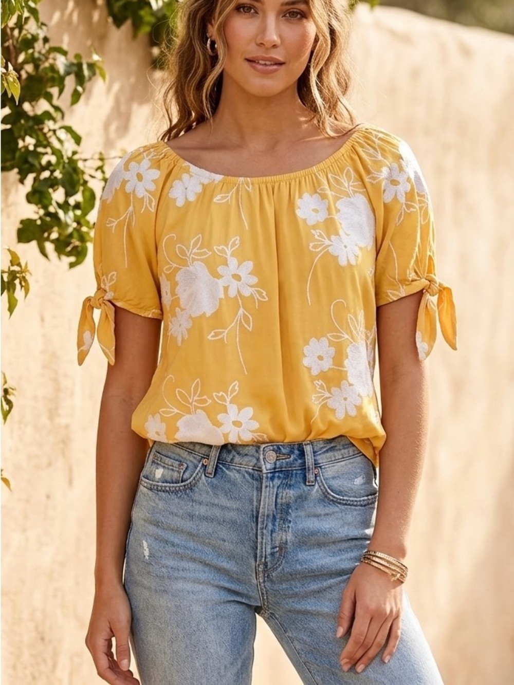 LIV Los Angeles X Anthropologie Yellow Floral S Embroidered Peasant Blouse